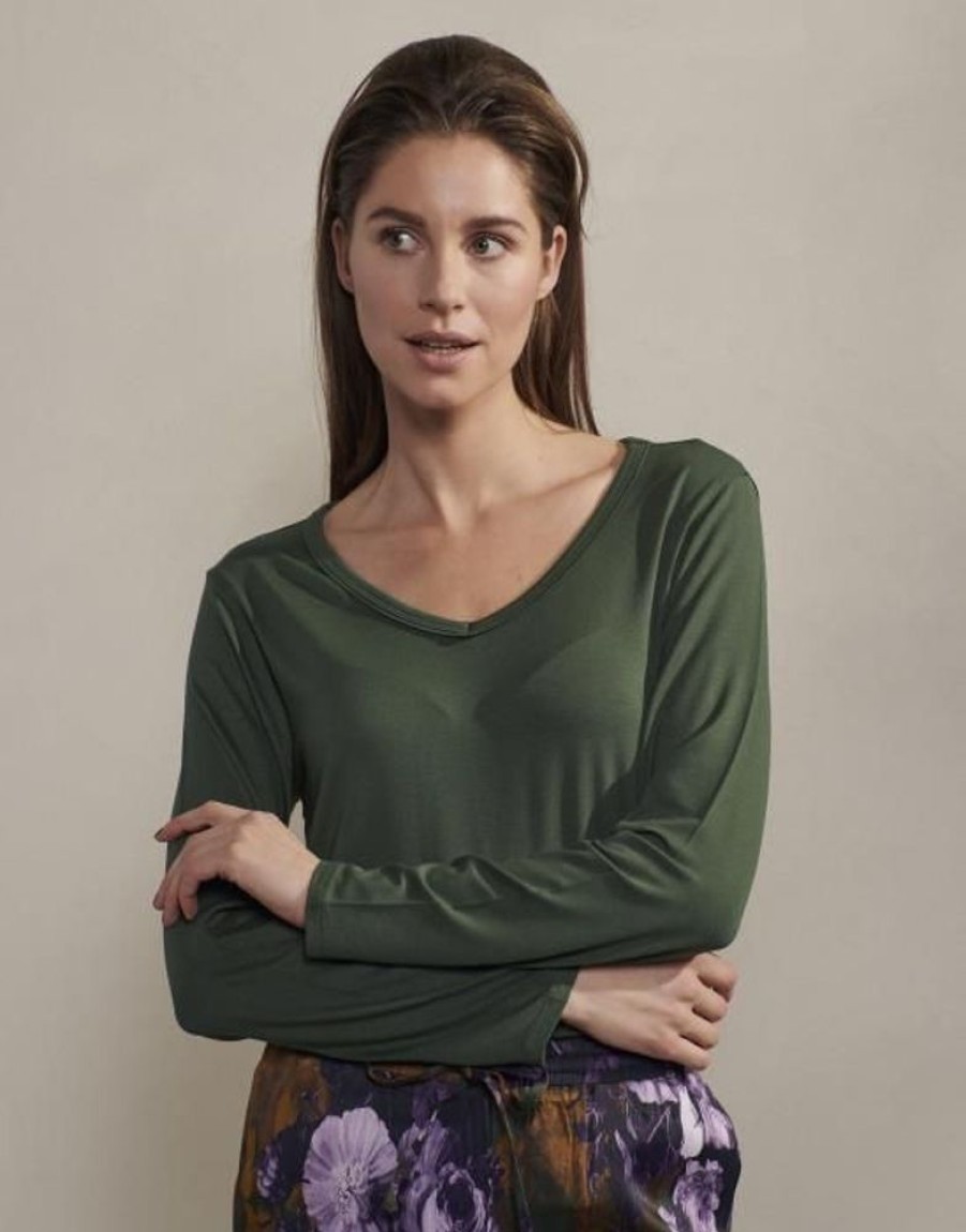 Shirts En Tops | ESSENZA Shirts En Tops Essenza Eva Uni Forest Green Top Lange Mouw Xl